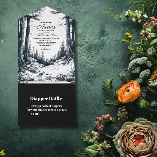 Black White Woodland Adventure Baby shower All In One Uitnodiging