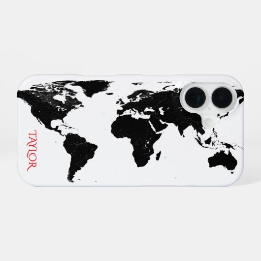 Black & White World Map – Personalized iPhone 16 Hoesje (Achterkant horizontaal)