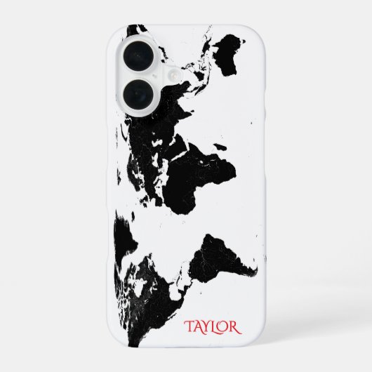 Black & White World Map – Personalized iPhone 16 Hoesje (Achterkant)