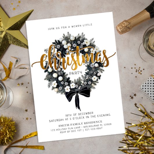 Black & White Wreath kerstfeest uitnodiging