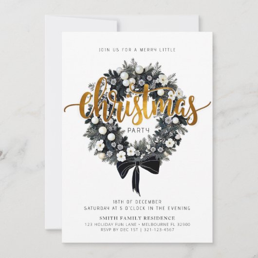 Black & White Wreath kerstfeest uitnodiging (Voorkant)