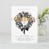 Black & White Wreath kerstfeest uitnodiging (Staand voorkant)