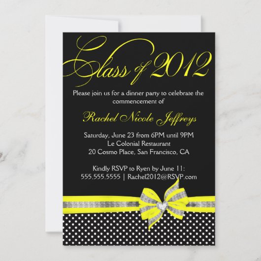 Black White Yellow Polka Dot Afstuderen Invitation Kaart (Voorkant)