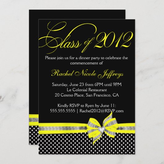 Black White Yellow Polka Dot Afstuderen Invitation Kaart (Voorkant / Achterkant)