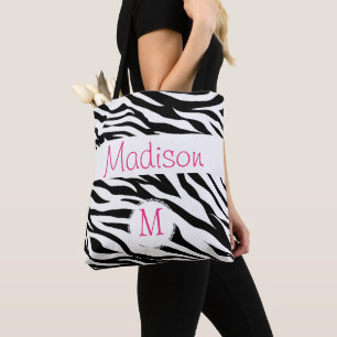 Black White Zebra Animal Print Initiaal Monogram Tote Bag