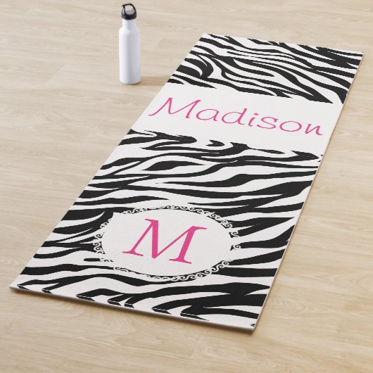 Black White Zebra Animal Trendy Monogram Yoga Mat (In situ)