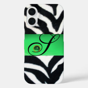 BLACK WHITE ZEBRA FUR EMERALD GREEN GEM MONOGRAM iPhone 16 HOESJE