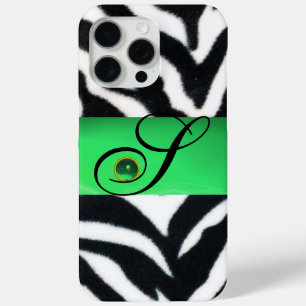 BLACK WHITE ZEBRA FUR EMERALD GREEN GEM MONOGRAM iPhone 15 PRO MAX HOESJE