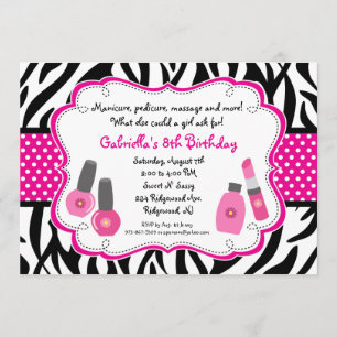 Black & White Zebra Girls Spa Invite Kaart