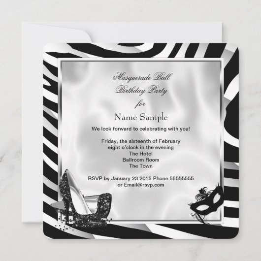 Black White Zebra Masquerade Ball Party 2 Kaart (Achterkant)