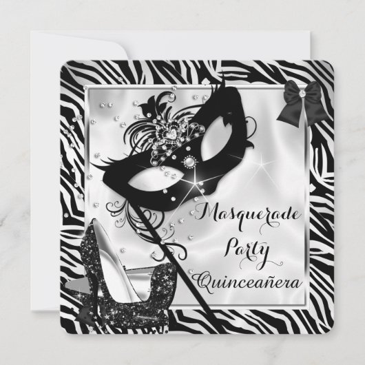 Black White Zebra Masquerade Quinceanera High Hiel Kaart (Voorkant)