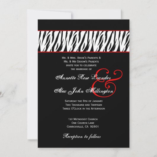 Black White Zebra Red Accents Wedding Z002 Kaart (Voorkant)