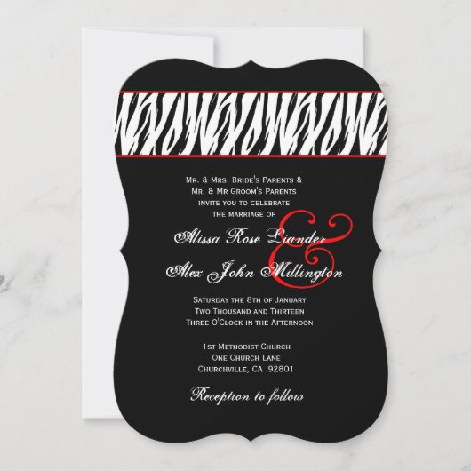 Black White Zebra Red Accents Wedding Z002A Kaart (Voorkant)