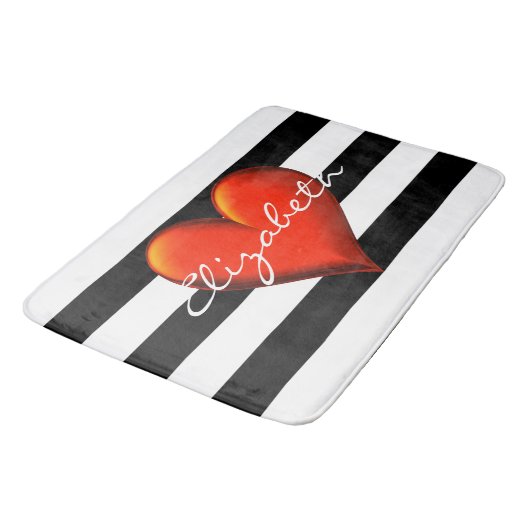 Black Whoriz Stripe Red Metallic Heart Monogram Badmat (Gekanteld)