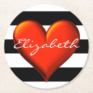 Black Whoriz Stripe Red Metallic Heart Monogram Ronde Kartonnen Onderzetter