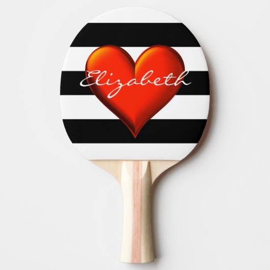 Black Whoriz Stripe Red Metallic Heart Monogram Tafeltennisbatje (Voorkant)