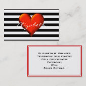 Black Whoriz Stripe Red Metallic Heart Monogram Visitekaartje (Voorkant / Achterkant)