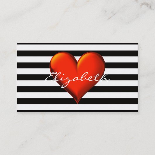 Black Whoriz Stripe Red Metallic Heart Monogram Visitekaartje (Voorkant)