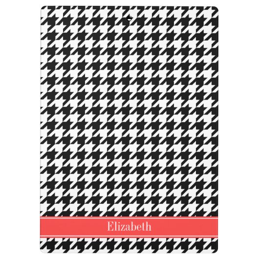 Black Whoundstooth Coral Red Name Monogram Klembord (Achterkant)