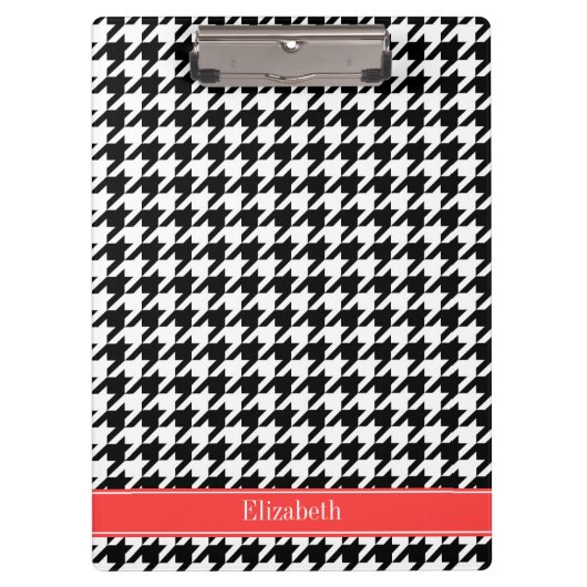 Black Whoundstooth Coral Red Name Monogram Klembord (Voorkant)