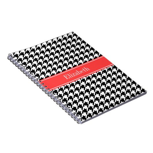 Black Whoundstooth Coral Red Name Monogram Notitieboek (Rechterzijde)