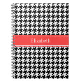 Black Whoundstooth Coral Red Name Monogram Notitieboek (Voorkant)