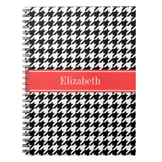 Black Whoundstooth Coral Red Name Monogram Notitieboek (Voorkant)