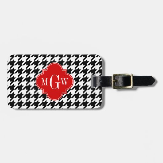 Black Whoundstooth Red Quatrefoil 3 Monogram Bagagelabel (Voorkant horizontaal)