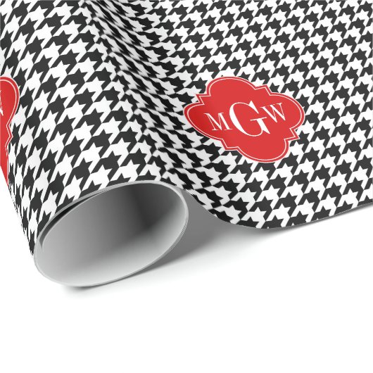 Black Whoundstooth Red Quatrefoil 3 Monogram Cadeaupapier (Rol Hoek)