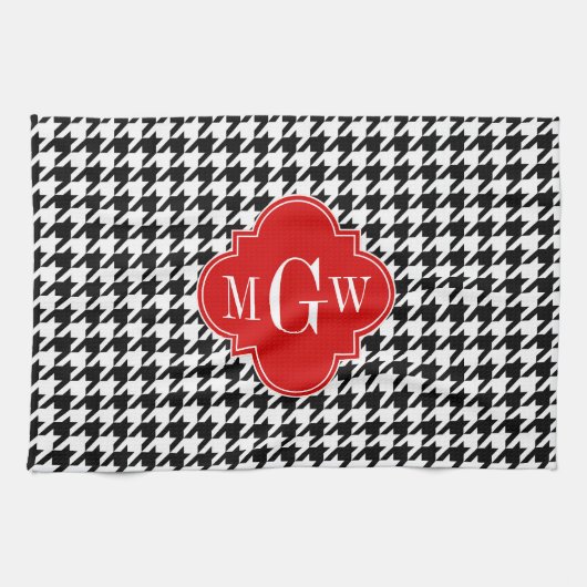 Black Whoundstooth Red Quatrefoil 3 Monogram Theedoek (Horizontaal)