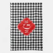 Black Whoundstooth Red Quatrefoil 3 Monogram Theedoek (Verticaal)