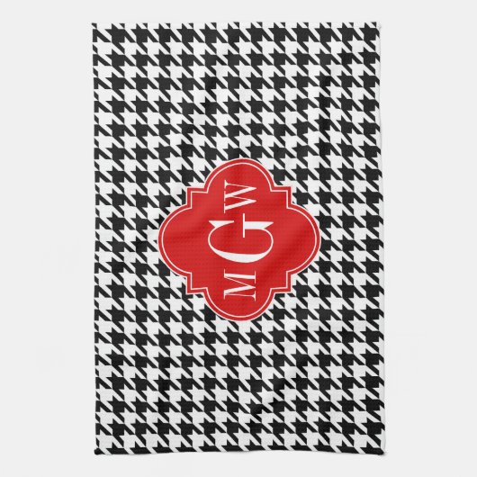Black Whoundstooth Red Quatrefoil 3 Monogram Theedoek (Verticaal)