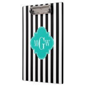 Black WhStripe Blauwgroen Quatrefoil 3 Monogram Klembord (Links)