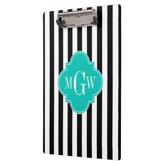 Black WhStripe Blauwgroen Quatrefoil 3 Monogram Klembord (Links)