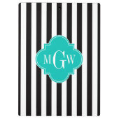 Black WhStripe Blauwgroen Quatrefoil 3 Monogram Klembord (Achterkant)