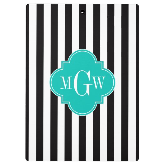 Black WhStripe Blauwgroen Quatrefoil 3 Monogram Klembord (Achterkant)