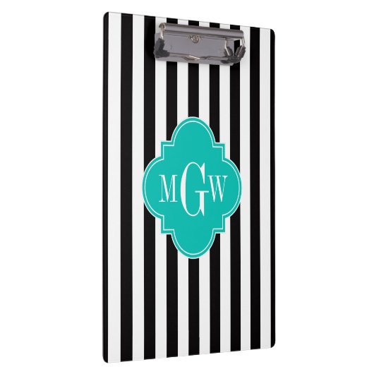 Black WhStripe Blauwgroen Quatrefoil 3 Monogram Klembord (Rechts)