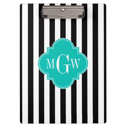 Black WhStripe Blauwgroen Quatrefoil 3 Monogram Klembord (Voorkant)