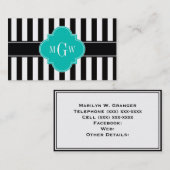 Black WhStripe Blauwgroen Quatrefoil 3 Monogram Visitekaartje (Voorkant / Achterkant)
