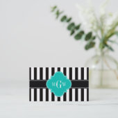 Black WhStripe Blauwgroen Quatrefoil 3 Monogram Visitekaartje (Staand voorkant)
