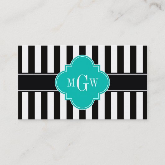 Black WhStripe Blauwgroen Quatrefoil 3 Monogram Visitekaartje (Voorkant)
