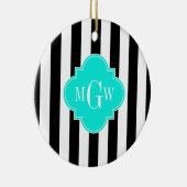 Black WhStripe Bright Aqua Quatrefoil 3 Monogram Keramisch Ornament (Rechts)
