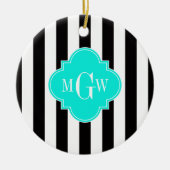 Black WhStripe Bright Aqua Quatrefoil 3 Monogram Keramisch Ornament (Voorkant)