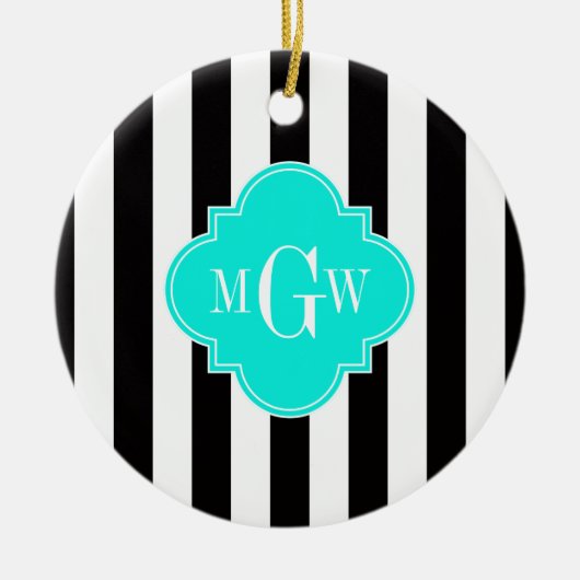 Black WhStripe Bright Aqua Quatrefoil 3 Monogram Keramisch Ornament (Voorkant)