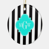 Black WhStripe Bright Aqua Quatrefoil 3 Monogram Keramisch Ornament (Links)