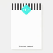 Black WhStripe Bright Aqua Quatrefoil 3 Monogram Post-it® Notes (Voorkant)