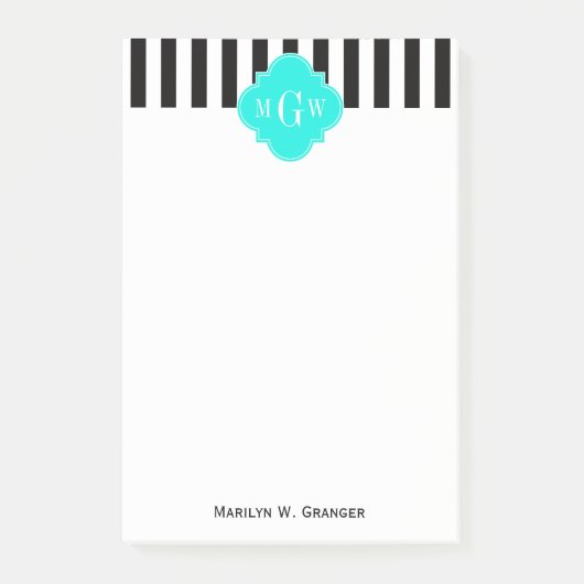 Black WhStripe Bright Aqua Quatrefoil 3 Monogram Post-it® Notes (Voorkant)