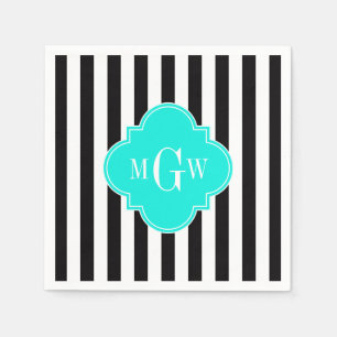 Black WhStripe Bright Aqua Quatrefoil 3 Monogram Servet