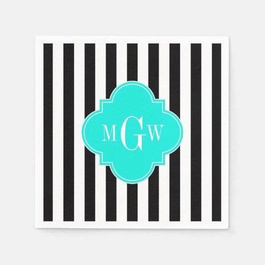 Black WhStripe Bright Aqua Quatrefoil 3 Monogram Servet (Voorkant)