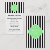 Black WhStripe Mint Green Quatrefoil 3 Monogram Visitekaartje (Voorkant / Achterkant)
